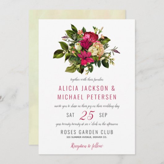 エレガントフローラの緑の素朴な水結婚色 招待状 (正面/裏面)