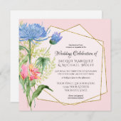 エレガントフローラの葉ほこりっぽいブルー結婚ピンク 招待状 (正面/裏面)