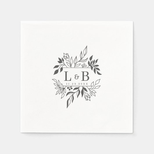 エレガントフローラの葉対モノグラム結婚の スタンダードカクテルナプキン (正面)