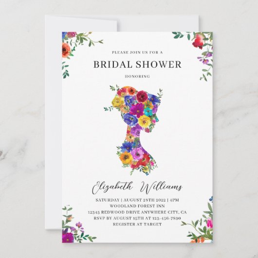 エレガントフローラはっきりしたウーマンシルフットブライダルシャワー 招待状 (正面)