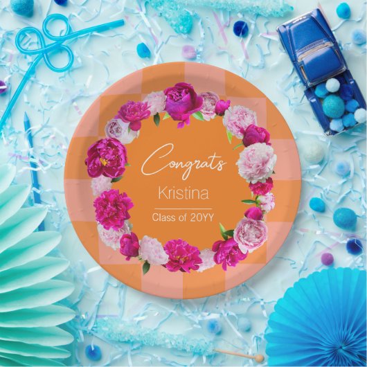 エレガントフローラはっきりしたオレンジ&ピンクチェック卒業 ペーパープレート (パーティー)