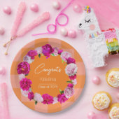 エレガントフローラはっきりしたオレンジ&ピンクチェック卒業 ペーパープレート (パーティー)