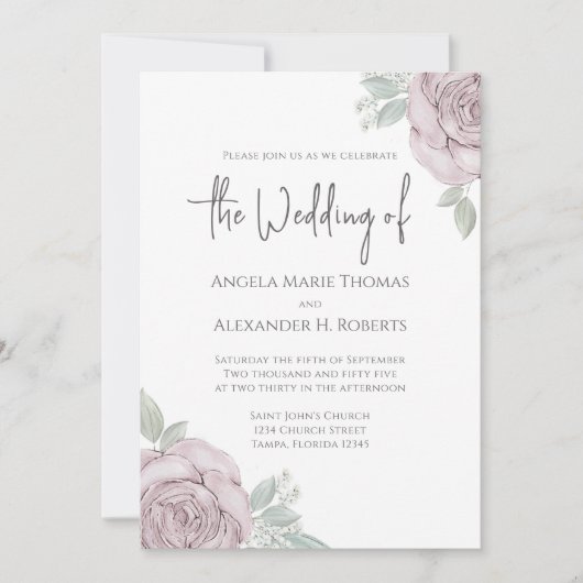 エレガントフローラほこりっぽいバラ水の色の花 招待状 (正面)