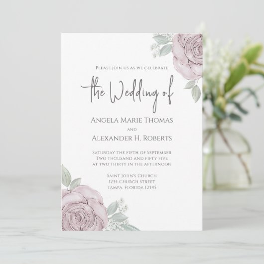 エレガントフローラほこりっぽいバラ水の色の花 招待状 (スタンド正面)