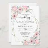 エレガントフローラほこりっぽい赤面ピンクジオメ結婚トリI 招待状 (正面/裏面)
