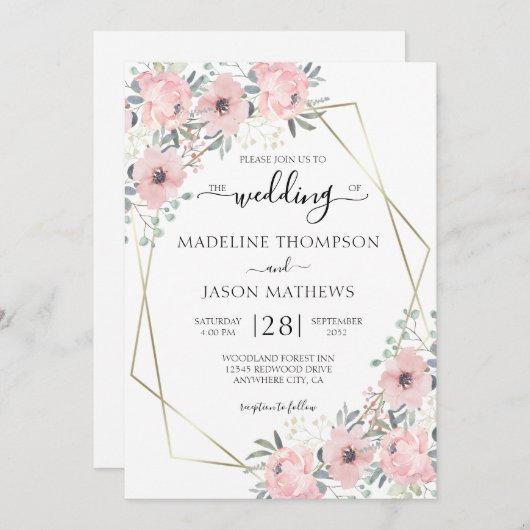 エレガントフローラほこりっぽい赤面ピンクジオメ結婚トリI 招待状 (正面/裏面)