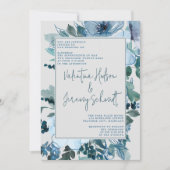 エレガントフローラほこりっぽい青結婚い花 招待状 (正面)