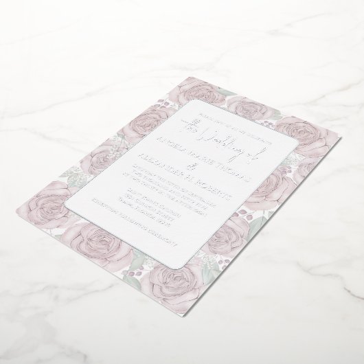 エレガントフローラほこりクラシックバラ水色 箔招待状 (回転した状態)