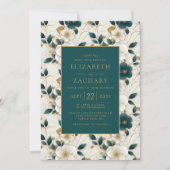 エレガントフローラアイボリーダークティール（緑がかった色）金ゴールド結婚ズ 招待状 (正面)