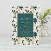 エレガントフローラアイボリーダークティール（緑がかった色）金ゴールド結婚ズ 招待状 (スタンド正面)