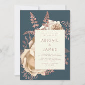 エレガントフローラアイボリーバラ金ゴールドティール（緑がかった色）ブ結婚ルーズ 招待状 (正面)