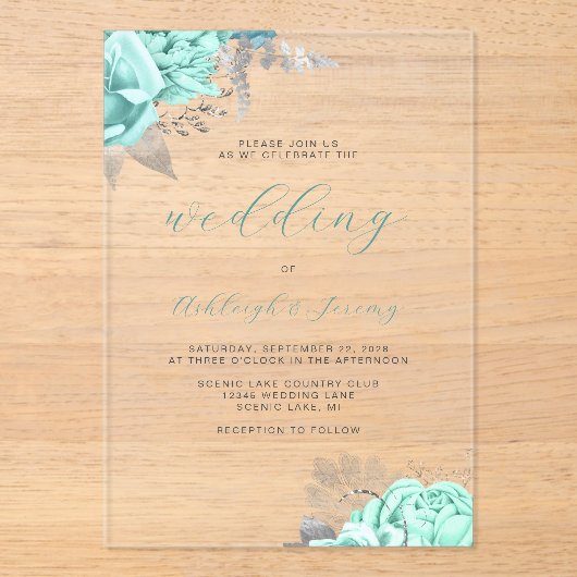 エレガントフローラアクア銀文字結婚の アクリル招待状 (正面)