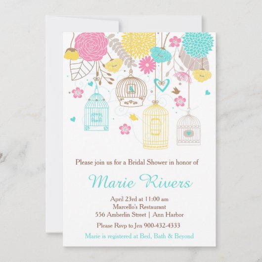 エレガントフローライエローおよびピンクブライダルシャワー 招待状 (正面)