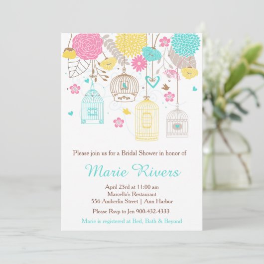 エレガントフローライエローおよびピンクブライダルシャワー 招待状 (スタンド正面)