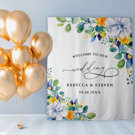 エレガントフローライエローホワイトブルー歓迎 タペストリー