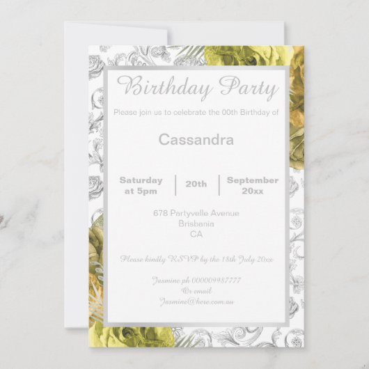 エレガントフローライエロー銀縁ど誕生日 招待状 (正面)