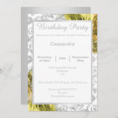 エレガントフローライエロー銀縁ど誕生日 招待状 (正面/裏面)