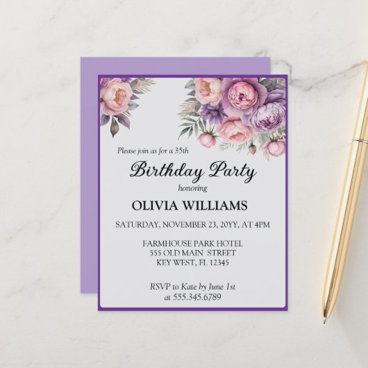 エレガントフローラインソフトパステル誕生日招待状 (正面/裏面インサイチュ)