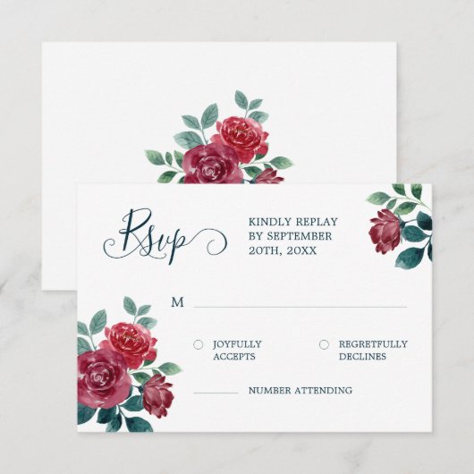 エレガントフローラウォーターカラーブルゴーニュティール（緑がかった色）結婚ズ 出欠カード (正面/裏面)