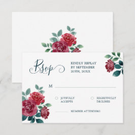 エレガントフローラウォーターカラーブルゴーニュティール（緑がかった色）結婚ズ 出欠カード