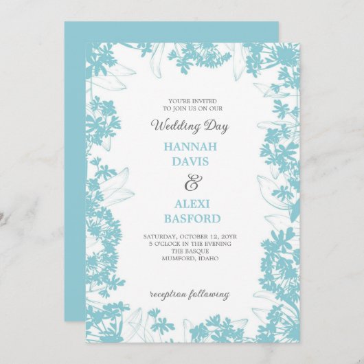 エレガントフローラエ淡い色のッジ結婚ターコイズ 招待状 (正面/裏面)