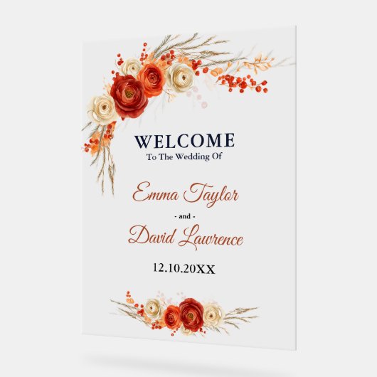 エレガントフローラオレンジ色のテラコッタ結婚ウェルカム アクリルサイン (傾斜)