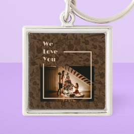 エレガントフローラカスタムファミリーフォト文字ブラウン キーホルダー