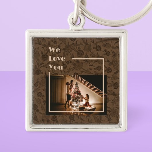 エレガントフローラカスタムファミリーフォト文字ブラウン キーホルダー