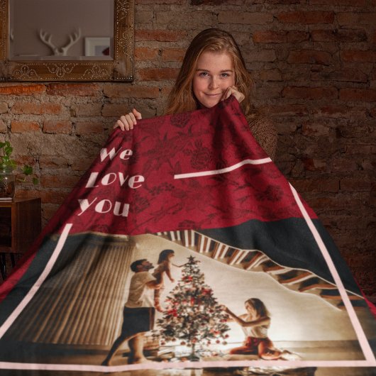 エレガントフローラカスタムファミリーフォト文字レッドフリース フリースブランケット