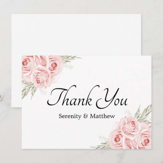 エレガントフローラガーデンウォーターカラーピンクローズ結婚ズ サンキューカード (正面/裏面)
