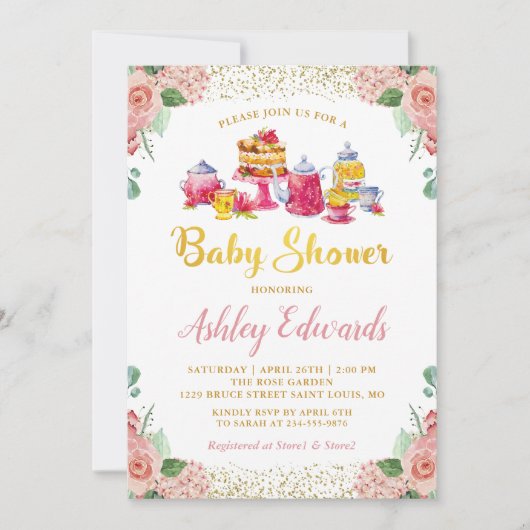 エレガントフローラガーデンティーパーティー赤ちゃんシャワー 招待状 (正面)