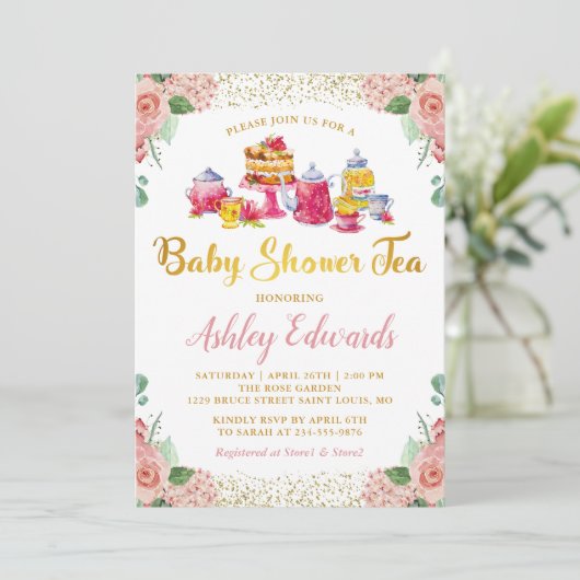 エレガントフローラガーデンティーパーティー赤ちゃんシャワー 招待状 (スタンド正面)