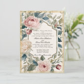 エレガントフローラクラシック金ゴールドフランスの結婚ヴィンテージ 招待状 (スタンド正面)