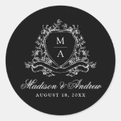 エレガントフローラクレストモノグラム結婚ブラック ラウンドシール (正面)