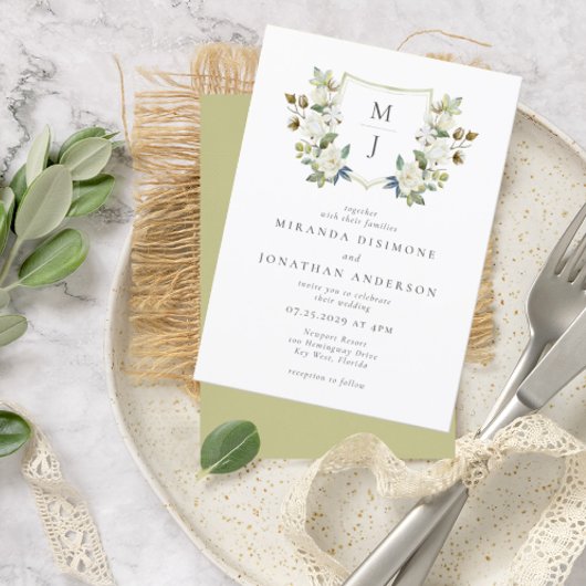 エレガントフローラクレスト緑モノグラム結婚ズ 招待状