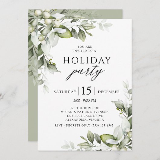 エレガントフローラグリーンリーホリデーパーティ招待状 招待状 (正面/裏面)