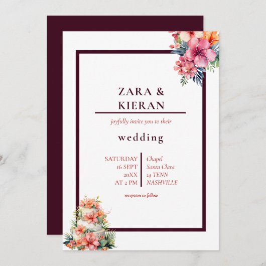 エレガントフローラケーキトロピカル結婚ズ 招待状 (正面/裏面)