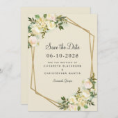 エレガントフローラシック金ゴールドグリーナリーバラ結婚ズ セーブザデート (正面/裏面)