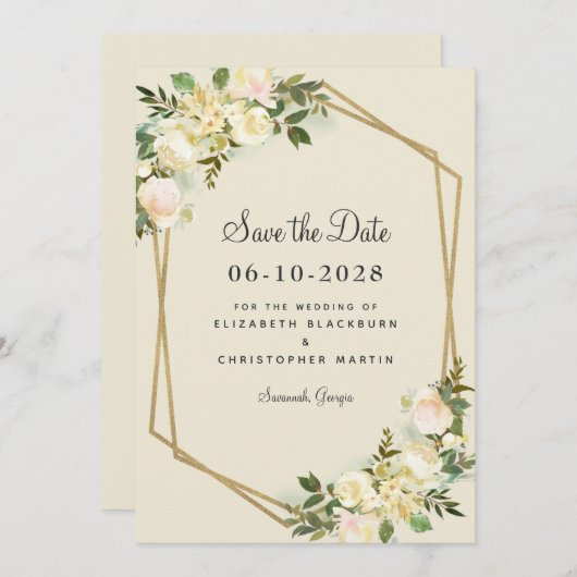 エレガントフローラシック金ゴールドグリーナリーバラ結婚ズ セーブザデート (正面/裏面)