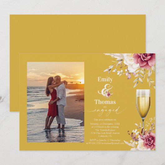 エレガントフローラシャンパ結婚ガンガラス婚約 招待状 (正面/裏面)