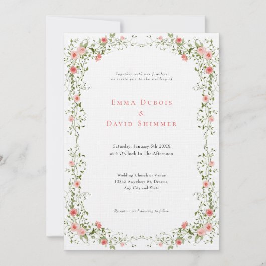 エレガントフローラシンプルのバラ結婚スクリプト 招待状 (正面)