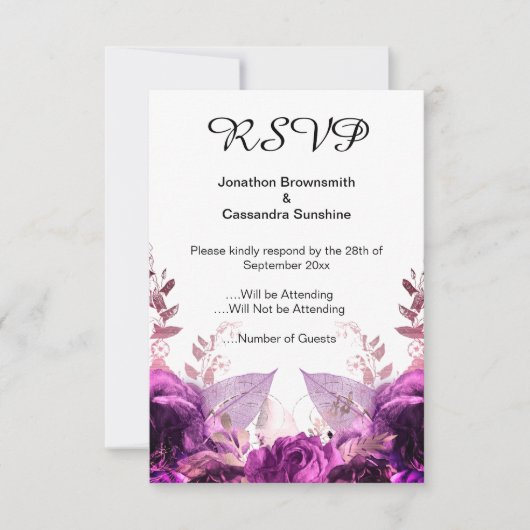 エレガントフローラシンプルパープルメタリックRSVP 招待状 (正面)