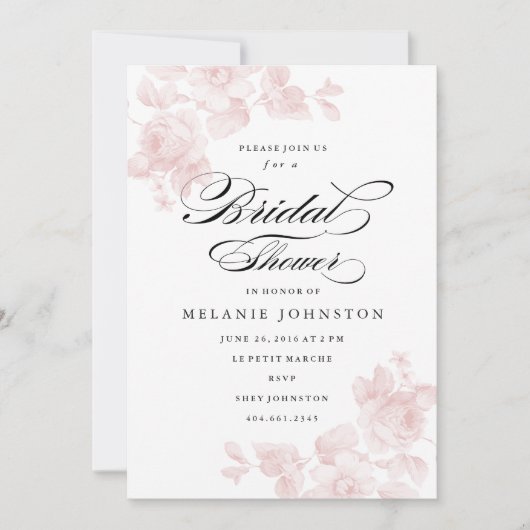 エレガントフローラスクリプトブライダルシャワー 招待状 (正面)