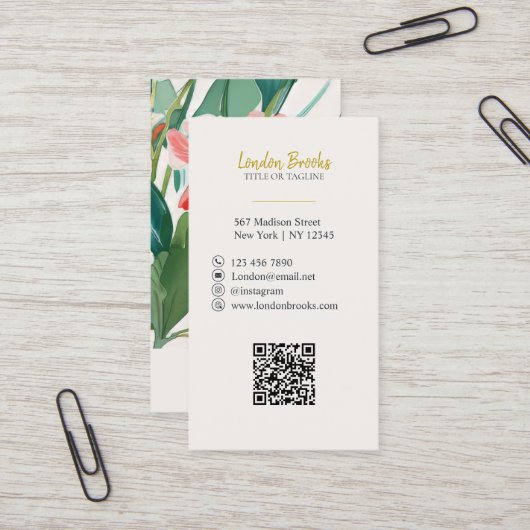 エレガントフローラスクリプト金ゴールド |ソーシャルメディアQRコード 名刺 (正面/裏面インサイチュ)