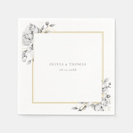 エレガントフローラスケッチ金ゴールドフレ素朴結婚ーム スタンダードカクテルナプキン (正面)
