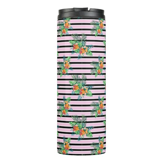 エレガントフローラストライプ – 黒とピンクの花 タンブラー (裏面)