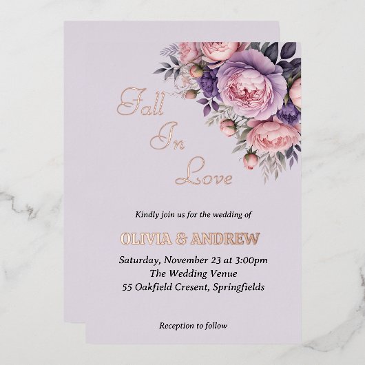 エレガントフローラソフトパステル結婚カラー 箔招待状 (正面/裏面)