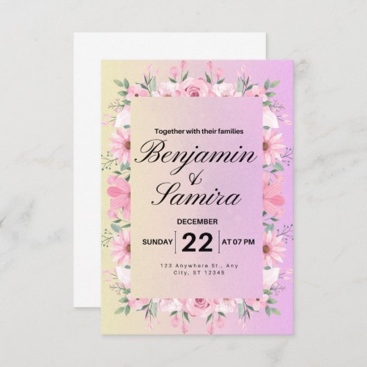 エレガントフローラソフトピンクパステル結婚式招待状 招待状 (正面/裏面)