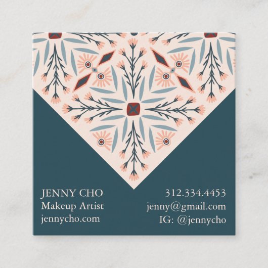 エレガントフローラタイル幾何学的ピンクブルー スクエア名刺 (正面)