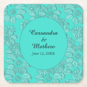 エレガントフローラターコイズの結婚デイジー スクエアペーパーコースター (正面)